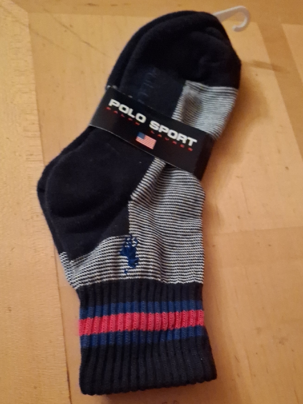Polo by Ralph Lauren Black, Gray Crew Socks with Red & Blue Stripe Accents